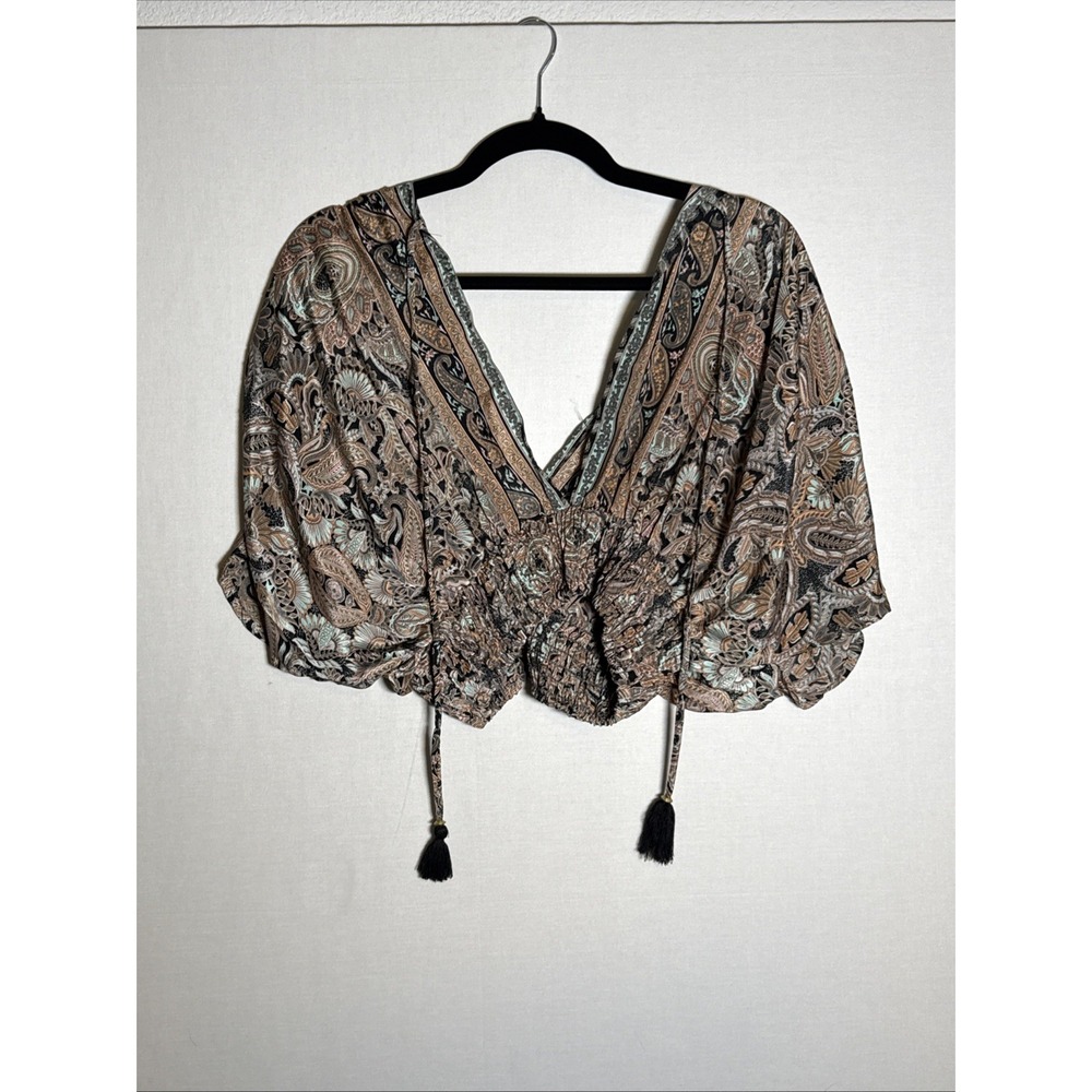 Womens Snake Print Deep V Neck Cropped Blouse Tie Tassel Bell Sleeve Top
